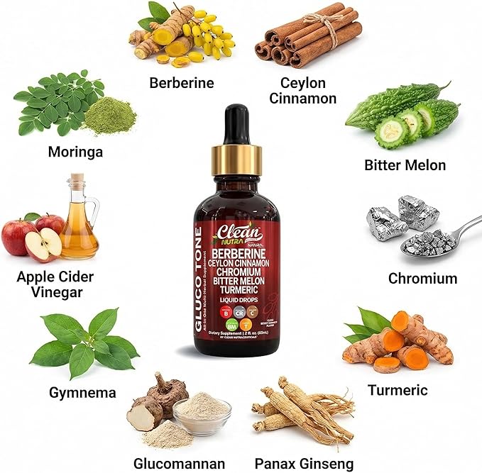 Clean Nutra Berberine with Ceylon Cinnamon Supplement Liquid Drops + Bitter Melon Extract, Glucomannan, Gymnema, Chromium, Turmeric, Organic Panax Ginseng, Moringa GLP-1 Support