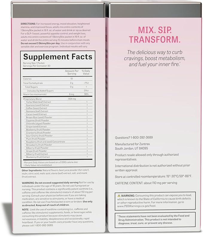 Zantrex SkinnyStix Strawberry Lemonade GLP-1 Support Drink Mix, Energy & Metabolic Support Powder, Appetite Control, 30 Single-Serving Packets