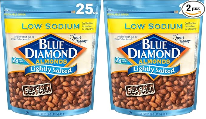 Blue Diamond Almonds Low Sodium Lightly Salted Snack Nuts, 25 Oz Resealable Bag (Pack of 2)
