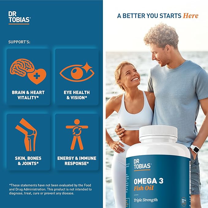 Dr. Tobias Omega 3 Fish Oil 2000mg Triple Strength with 800mg EPA 600mg DHA Per Serving | Fish Oil Omega 3 Supplements for Heart Brain & Immune Support - 180 Softgels (90 Servings)
