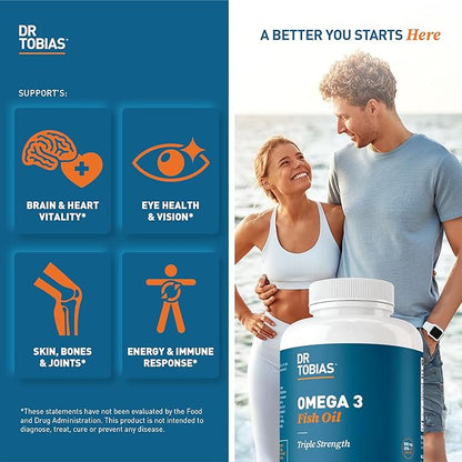 Dr. Tobias Omega 3 Fish Oil 2000mg Triple Strength with 800mg EPA 600mg DHA Per Serving | Fish Oil Omega 3 Supplements for Heart Brain & Immune Support - 180 Softgels (90 Servings)