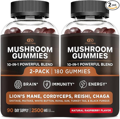 Effective Nutra Mushroom Gummies 2500mg - 10in1 Lion’s Mane, Reishi, Chaga, Cordyceps & More - Focus, Clarity, Memory, Immunity, Energy - Natural Raspberry Flavor, Vegan, Made in USA (2-Pack)