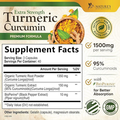 Turmeric Curcumin Supplement 1500mg - Organic Tumeric & BioPerine Black Pepper for Best Absorption with 95% Curcuminoids, Nature's Joint & Immune Support, Non-GMO, Bottled in USA - 120 Capsules
