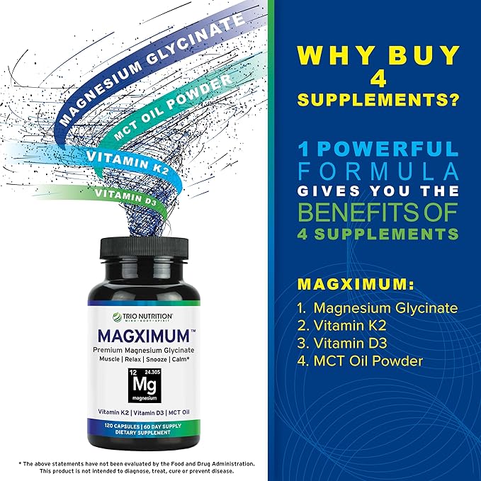 Trio Nutrition MagX Magnesium Glycinate, Vitamin D3, Vitamin K2 & MCT Oil | Chelated Magnesium Supplement | Calm, Relaxation & Recovery | Be Well Rested & Start Your Day with Magximum