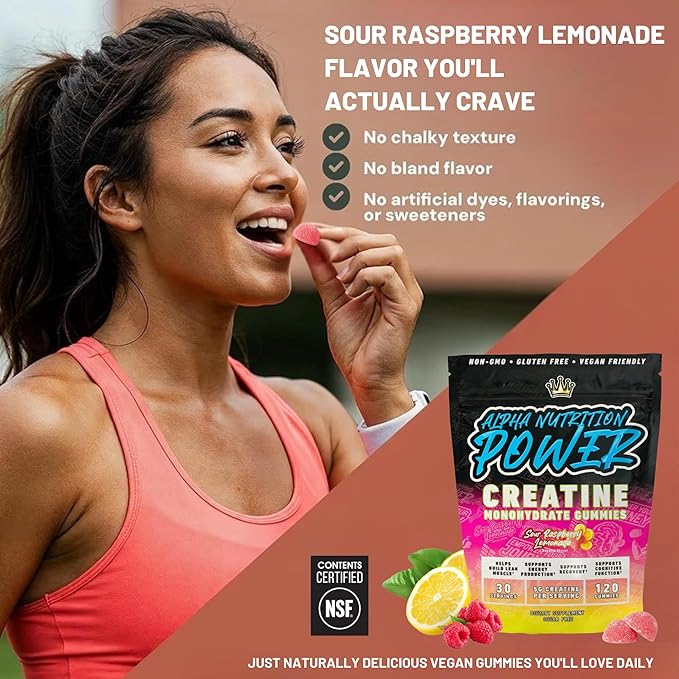 Creatine Monohydrate Gummies 5g - Raspberry Lemonade Flavored Creatine for Women and Men - Supplement for Muscle Gain, Strength, Energy, Cognitive Health, Pre and Post Workout, Recovery, (120 Gummies)