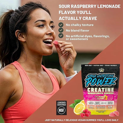 Creatine Monohydrate Gummies 5g - Raspberry Lemonade Flavored Creatine for Women and Men - Supplement for Muscle Gain, Strength, Energy, Cognitive Health, Pre and Post Workout, Recovery, (120 Gummies)
