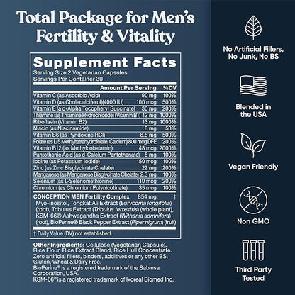 Eu Natural Conception for Him - Male Fertility Supplements with Ashwagandha, Folate & Zinc - Sperm Count, Motility & Strength Support - Fertility Support for Men, 60 Vegetarian Capsules