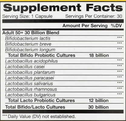 Renew Life Probiotic Adult 50 Plus Probiotic Capsules, Daily Supplement Supports Urinary, Digestive and Immune Health, L. Rhamnosus GG, Dairy, Soy and gluten-free, 30 Billion CFU, 30 Count