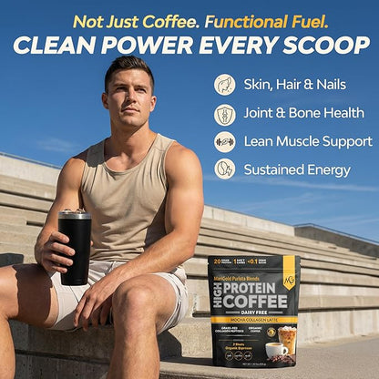 MariGold High Protein Collagen Coffee - Mocha Collagen Latte, Dairy Free, 20g Grass-Fed Type I & III Collagen Peptides, Energy Boost, 2 Shots Organic Espresso, Non-GMO, 1 Lb Bag, 15 Servings