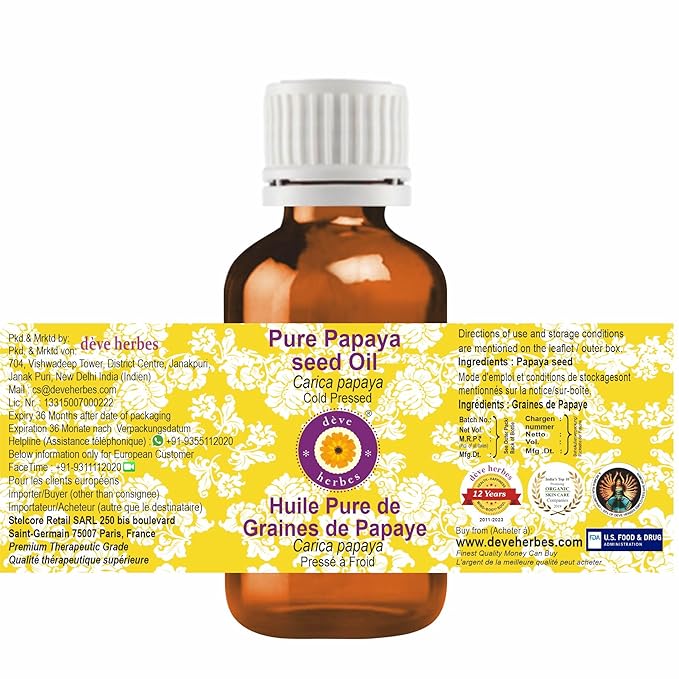 Deve Herbes Pure Papaya Seed Oil (Carica Papaya) Cold Pressed 10ml (0.33 oz)