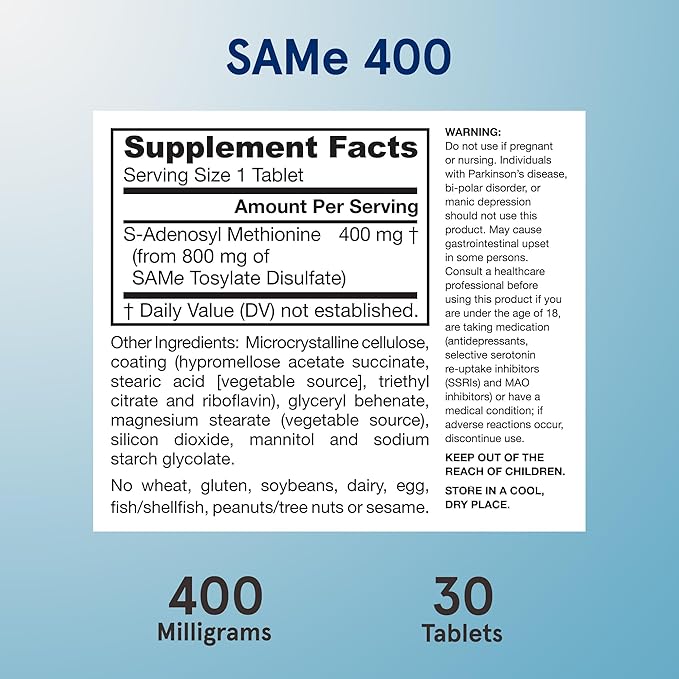 Jarrow Formulas SAMe Supplement 400 mg - 30 Tablets - High Concentration of Active S,S Form - Supports Joint Health, Liver Function, Brain Metabolism, Balanced Mood & Antioxidant Defense - 30 Servings