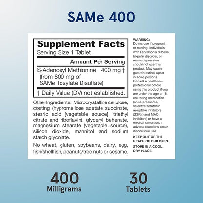 Jarrow Formulas SAMe Supplement 400 mg - 30 Tablets - High Concentration of Active S,S Form - Supports Joint Health, Liver Function, Brain Metabolism, Balanced Mood & Antioxidant Defense - 30 Servings