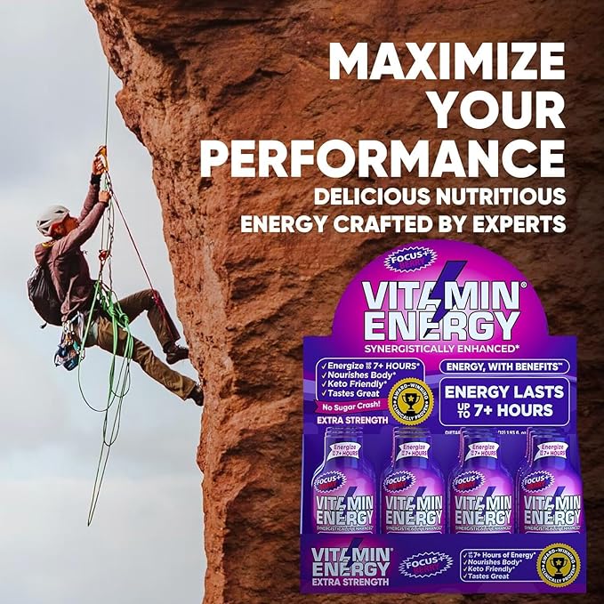 Vitamin Energy Focus+ Extra Strength Energy Shot Berry 24 Pack, 260mg Natural Caffeine, B-Vitamins, CoQ10, Amino Acids, Focus, Productivity & Clarity, Zero Sugar, Gluten-Free, 1.93 fl oz