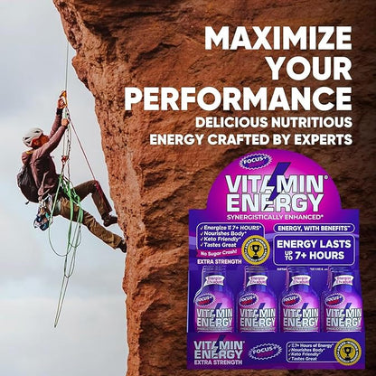 Vitamin Energy Focus+ Extra Strength Energy Shot Berry 24 Pack, 260mg Natural Caffeine, B-Vitamins, CoQ10, Amino Acids, Focus, Productivity & Clarity, Zero Sugar, Gluten-Free, 1.93 fl oz