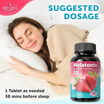 Melatonin Tablets - 10 mg Dietary Supplement - Strawberry Flavored - 200 Vegan Tablets - by NextGenU