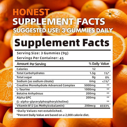 Creatine Monohydrate Gummies for Men & Women - 5g of Creatine Monohydrate per Serving - Sugar Free,Vegan, Orange Flavor, 135 Count (45 Servings).