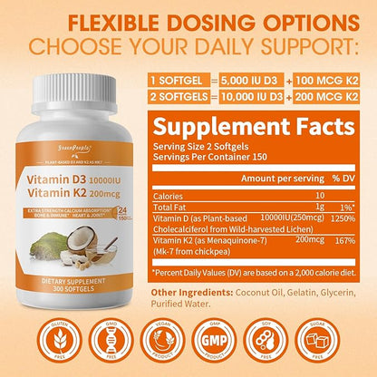 GREENPEOPLE K2 D3 Vitamin Supplement, Vitamin D-3 & K-2 MK-7, 10,000 IU/200 mcg, with Virgin Non-GMO Coconut MCT Oil | 300 Vegan Softgels | Bone Health, Immune Support