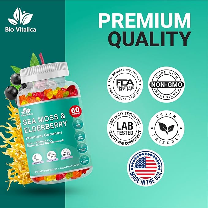 BIO VITALICA Irish Sea Moss Gummies with Elderberry – USA Made Vegan Gummies with Vitamin C, D & Zinc – Immune Support Supplement with Bladderwrack & Burdock Root for Adults & Kids – 5 Pack