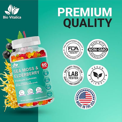 BIO VITALICA Irish Sea Moss Gummies with Elderberry – USA Made Vegan Gummies with Vitamin C, D & Zinc – Immune Support Supplement with Bladderwrack & Burdock Root for Adults & Kids – 5 Pack