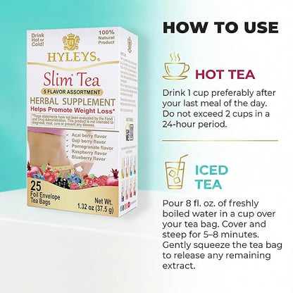 HYLEYS Slim Tea 5 Flavor Assortment - Weight Loss Herbal Supplement Cleanse and Detox - 25 Tea Bags (1 Pack) - Assorted Tea Variety Pack