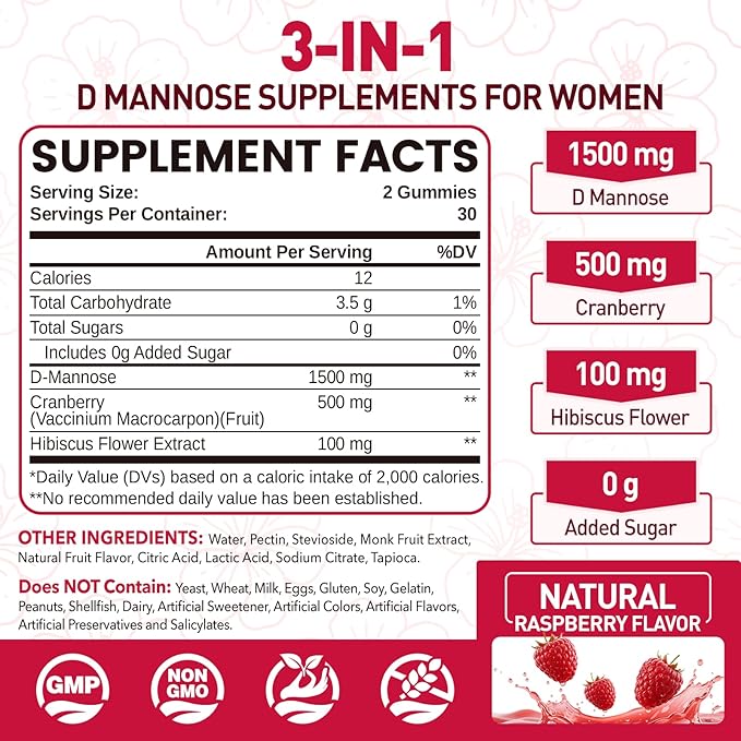 D Mannose with Cranberry Gummies, D-Mannose Supplements 1500mg for Women, with Hibiscus for Urinary Tract Health, Bladder, Liver Support, Sugar-Free, Vegan, Raspberry Flavor, 60 Count