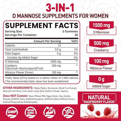 D Mannose with Cranberry Gummies, D-Mannose Supplements 1500mg for Women, with Hibiscus for Urinary Tract Health, Bladder, Liver Support, Sugar-Free, Vegan, Raspberry Flavor, 60 Count