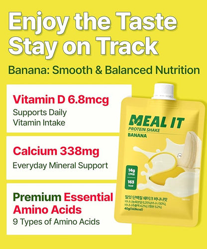 Banana Protein Shake, 14g Protein & High Fiber, Low Sugar, Keto-Friendly Meal Replacement powder with Korean Cookie Crumble (Soboro) & Oat Crunch Balls (7 Packs, 1.41 oz Each)