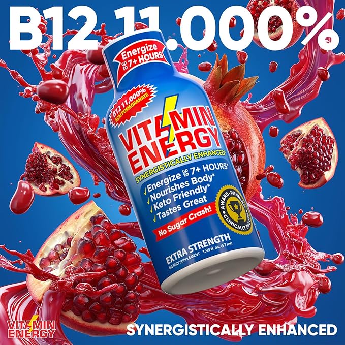 Vitamin Energy B12 11,000% Extra Strength Energy Shot Açaí Pomegranate 48 Pack, 260mg Natural Caffeine, B12 & B6, Nootropic Focus, Vitality, Zero Sugar, Gluten-Free, Vegan, Kosher, 1.93 fl oz