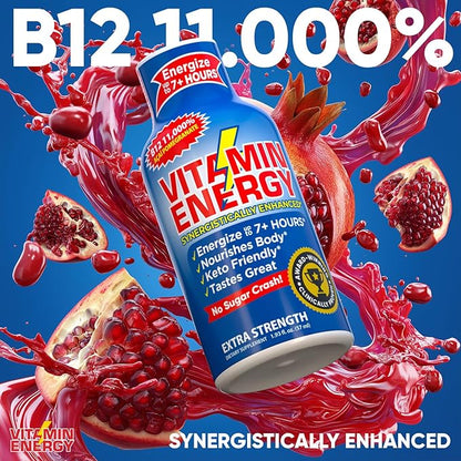 Vitamin Energy B12 11,000% Extra Strength Energy Shot Açaí Pomegranate 12 Pack, 260mg Natural Caffeine, B12 & B6, Nootropic Focus, Vitality, Zero Sugar, Gluten-Free, Vegan, Kosher, 1.93 fl oz