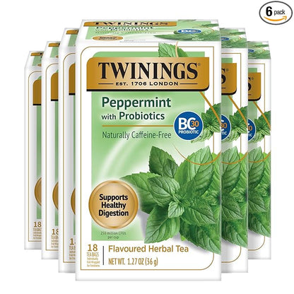 Twinings Peppermint with Probiotics Herbal Tea, 18 Count (Pack of 6), Supports Healthy Digestion, Naturally Caffeine-Free, Enjoy Hot or Iced, 96 Teabags