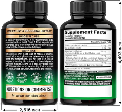 Mullein Leaf Extract for Lung Detox - Marshmallow Root | Echinacea | Oregano | Quercetin | NAC - 15-in-1 Lung Support & Cleanse for Smokers Supplement - Made in USA - As Drops, Tincture - 120 Capsules