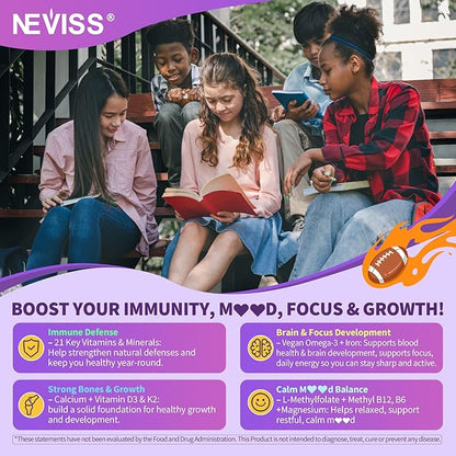 Teen Vitamins Methylated Multivitamin Gummies for Boys Girls 12-17 w/ Magnesium Glycinate, Omega-3, L-Theanine for Teens Kids Calm & Focus Gummies Supplement, 23-IN-1 Formula, Sugar Free, 120 ct