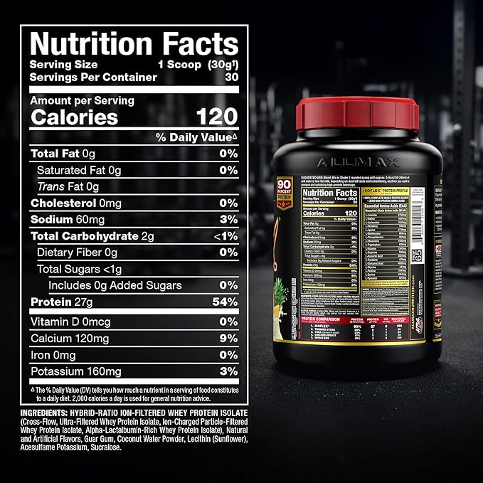 ALLMAX ISOFLEX Pure Whey Isolate Protein Powder - Gluten Free, Low Lactose, Sugar-Free - High-Protein, Clean, Keto-Friendly, Pre Post Workout Supplement for Women and Men | Pineapple Coconut, 2lb