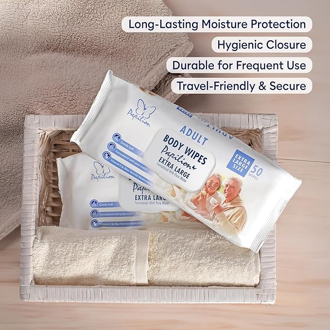 PAPILION Adult Body Cleaning Wipes, Extra Large Washcloths with Aloe Vera & Vitamin E, No-Rinse Cleansing for Senior Care, Bed Bath, Travel, Incontinence Care, Flip-Top Pack, 50 PCS x 3 Pack