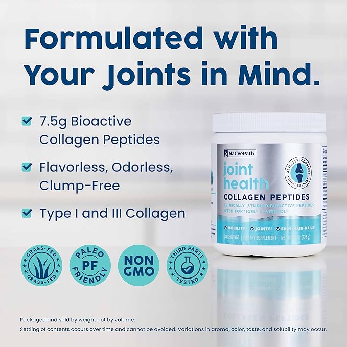 NativePath Joint Health Advanced Formula, Type 1 & 3 Peptides with Fortigel & Verisol, Grass-Fed Unflavored Collagen for Women & Men, 30 Servings (Pack of 2)