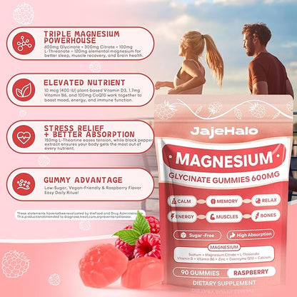 Magnesium Glycinate Gummies 400mg High Absorption Calm Magnesium Complex Gummies with Citrate L-Threonate 600mg Coq10, Vitamin D3 & B6-Sugar Free,Focus, Energy Balance,and Muscle Function 90