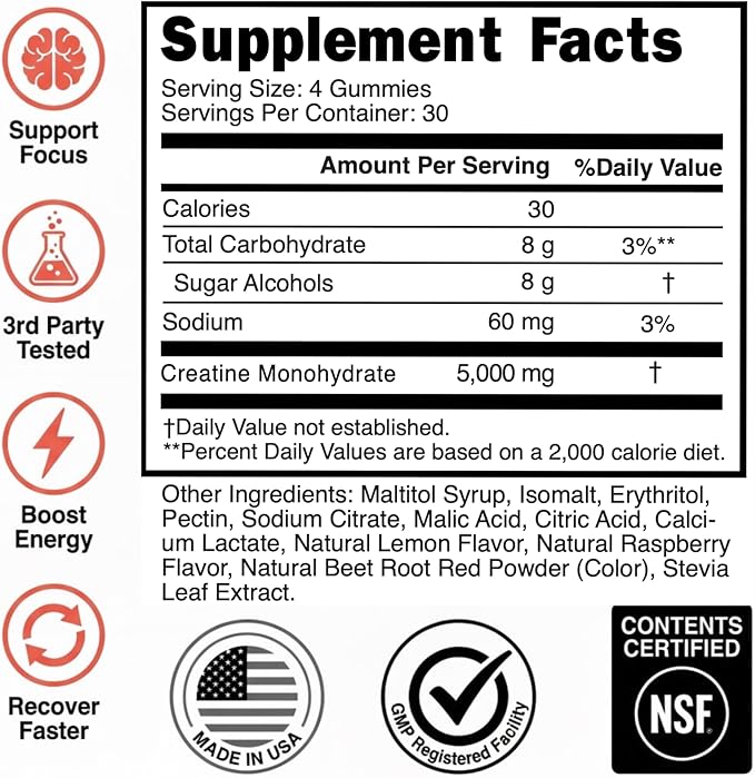 Creatine Monohydrate Gummies 5g - Raspberry Lemonade Flavored Creatine for Women and Men - Supplement for Muscle Gain, Strength, Energy, Cognitive Health, Pre and Post Workout, Recovery, (120 Gummies)