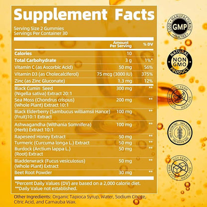 Black Seed Oil & Sea Moss Gummies, 2Pack Irish Sea Moss Gummies with Black Seed Oil, Ashwagandha Extract, Elderberry, Turmeric, Vitamin C, Vitamin D3 - Immune Support, Joints, Digestion, Hair & Skin