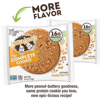 Lenny & Larry's Complete Protein Cookie, [Peanut Butter], Chewy Soft Baked, 16g Plant Protein, Vegan, Non-GMO, High Fiber, [4 Ounce] Cookie (Pack of 12)