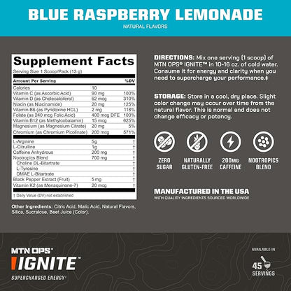MTN OPS Ignite Sugar Free Energy Drink Powder with 200mg Caffeine, Nootropic Blend for Energy, Focus & Endurance, L Arginine & L Citrulline Pre Workout, 45 Servings, Blue Raspberry