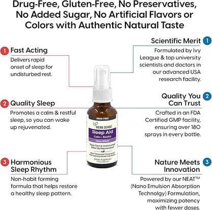 Sleep Aid, Liquid Melatonin, Natural Herbs, Calm, Restful, Oral Spray,1 oz, Drug-Free, 60 Servings