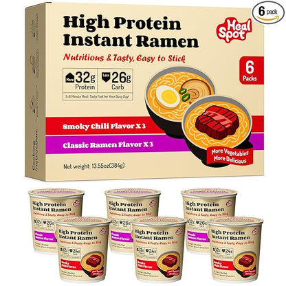 Healspot High Protein Instant Ramen Variety Pack (6 Cups) - 32g Plant-Based Protein, Non-Fried, Low Carb, Keto & Vegan Friendly (Smoky-Beef/Classic-Pork)
