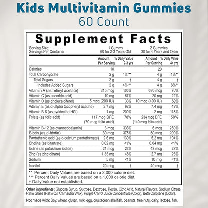 Vegetarian Kids Multivitamin Gummies, 30–60 Servings. With 14 Essential Vitamins & Minerals. Gelatin-Free, Gluten-Free. Non-GMO Gummy Vitamins for Toddlers, Support Immune, Bones & Overall Wellness