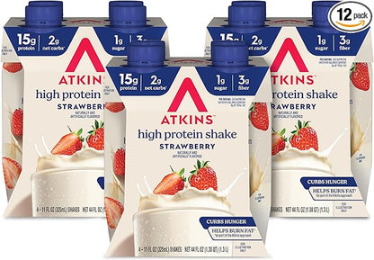 Atkins Strawberry Flavored Protein Shake, High Protein, Low Glycemic, Low Sugar and Low Carb, Keto Friendly, Gluten Free, 12 Count