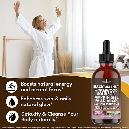 Black Walnut Wormwood Cleanse Drops - Liquid Soursop, Garlic, Pumpkin Seed, PAU D'Arco, Oil of Oregano, Turmeric, Berberine, Neem Extract, Hull Bark, Tincture - 2oz