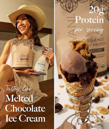 Truvani Organic Whey Protein Powder | Chocolate | 20g Grass Fed Whey Protein | 20 Servings | USDA Organic & Non-GMO | Gluten Free | No Gums, No Soy, No Stevia, No Added Sugars