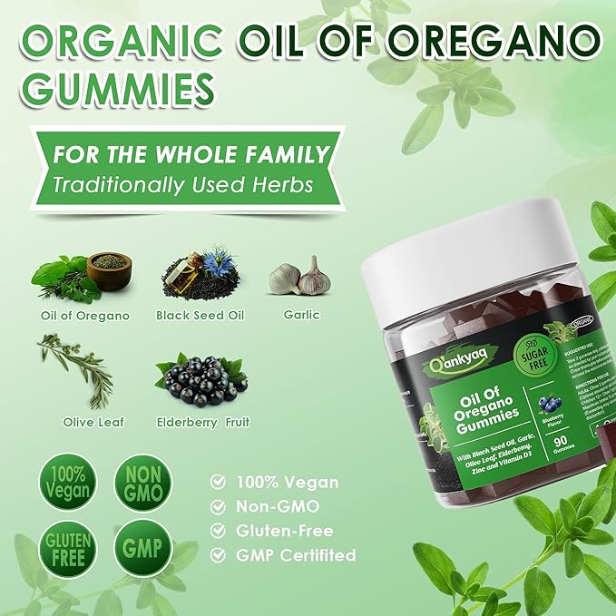 Oregano Oil with Black Seed Oil Organic Gummies for Kids and Adults | 6-in-1 Oregano Oil Supplement | Carvacrol + Thymoquinone | Immune Support with Garlic, Elderberry | Sugar-Free, 180 Chewable