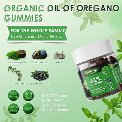 Oregano Oil with Black Seed Oil Organic Gummies for Kids and Adults | 6-in-1 Oregano Oil Supplement | Carvacrol + Thymoquinone | Immune Support with Garlic, Elderberry | Sugar-Free, 90 Chewable