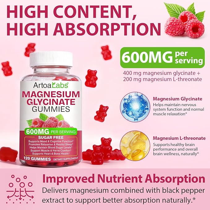 Magnesium Glycinate Gummies with L-Threonate,120pcs Sugar Free Magnesium Complex Gummies for Sleep, Body Support and Relaxation,Non-GMO, Gluten-Free