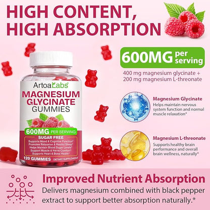 Magnesium Glycinate Gummies with L-Threonate,120pcs Sugar Free Magnesium Complex Gummies for Sleep, Body Support and Relaxation,Non-GMO, Gluten-Free